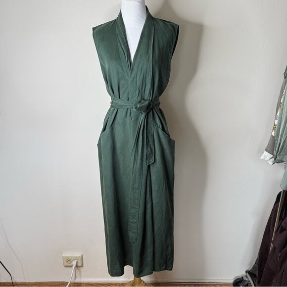 Zara Green Linen Blend Sleeveless Belted Midi Dress - Picture 2 of 9